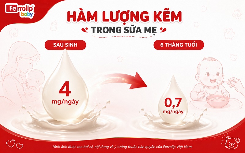 Mặc dù kẽm trong sữa mẹ được hấp thu rất tốt, nhưng hàm lượng kẽm lại giảm dần theo thời gian