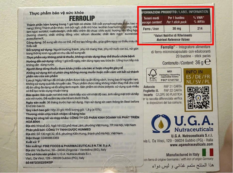 Sắt Ferrolip không chứa acid folic, được thể hiện trong bảng thành phần trên hộp sản phẩm